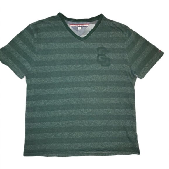 Tommy Hilfiger Mens 85 V-Neck T-Shirt Size L Green Striped Logo Tee 100% Cotton - Picture 1 of 10